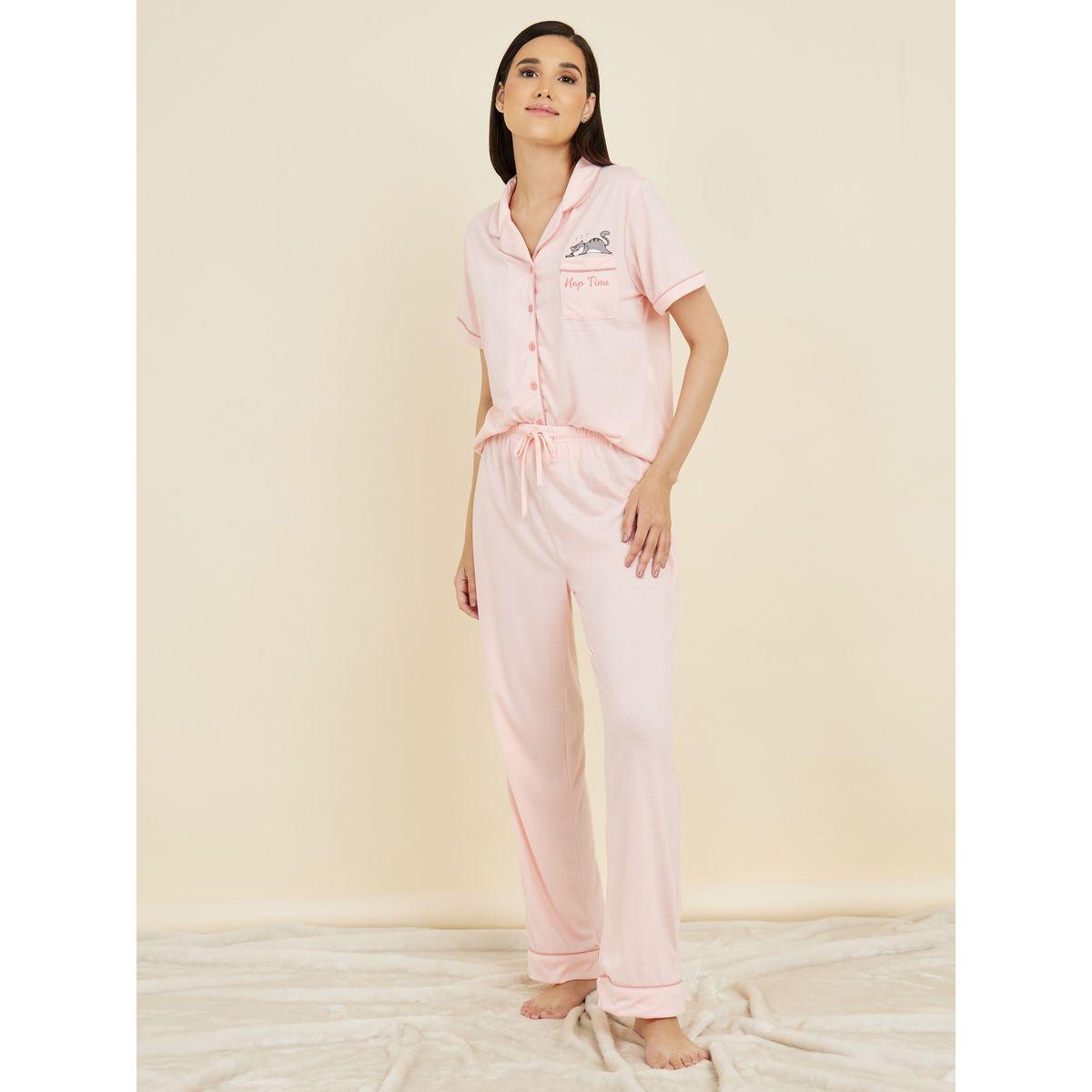 Styli Unwind Cat Print Contrast Piped Detail Shirt and Pyjama Set-women-clothing-nightwear-pyjamas-longsets-image-1