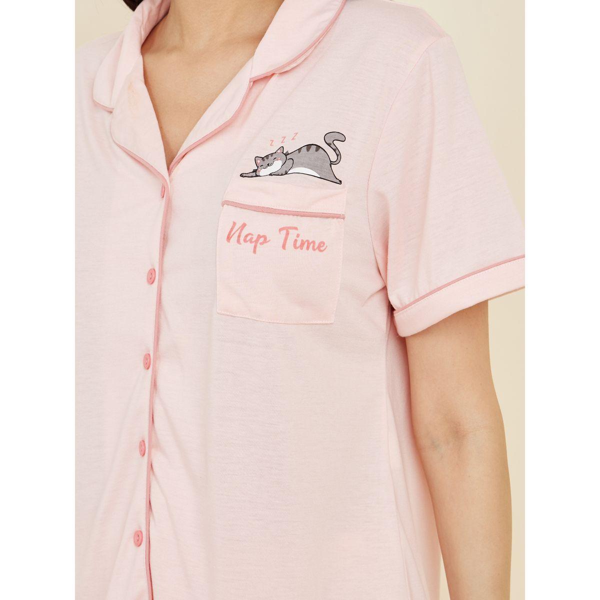 Styli Unwind Cat Print Contrast Piped Detail Shirt and Pyjama Set-women-clothing-nightwear-pyjamas-longsets-image-4