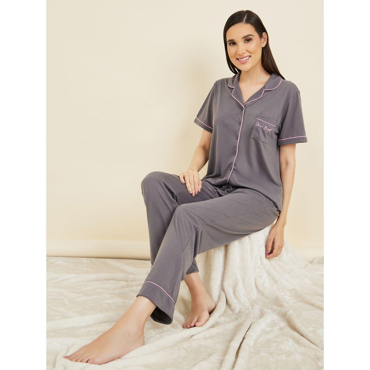 Styli Unwind Shine Bright Print Contrast Piped Detail Shirt and Pyjama Set-women-clothing-nightwear-pyjamas-longsets-image-1