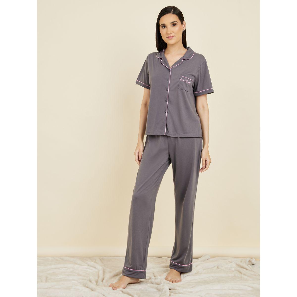 Styli Unwind Shine Bright Print Contrast Piped Detail Shirt and Pyjama Set-women-clothing-nightwear-pyjamas-longsets-image-3