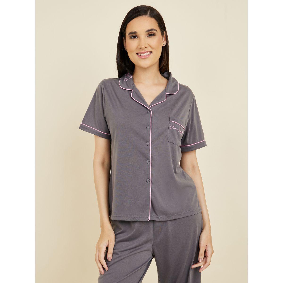 Styli Unwind Shine Bright Print Contrast Piped Detail Shirt and Pyjama Set-women-clothing-nightwear-pyjamas-longsets-image-4