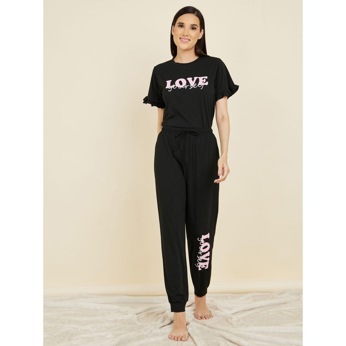 Styli Unwind Love Yourself Print Ruffle Trim Sleeve T-shirt and Cuff Pyjama Set-women-clothing-nightwear-pyjamas-longsets-image-1