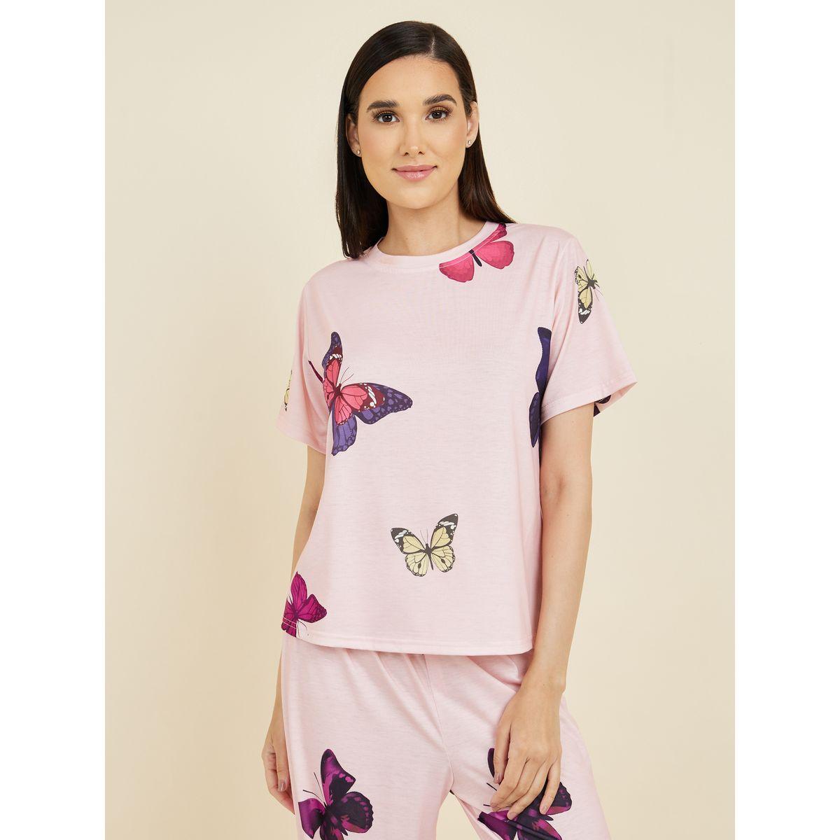 طقم من بنطال بيجاما مع تيشيرت مطبع بالكامل-women-clothing-nightwear-pyjamas-longsets-image-3