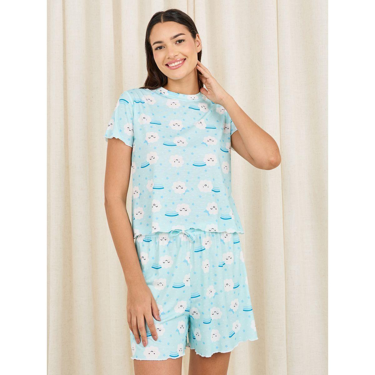 Styli Unwind Cloud Print Lettuce Trim T-shirt and Short Set-women-clothing-nightwear-pyjamas-shortsets-image-1