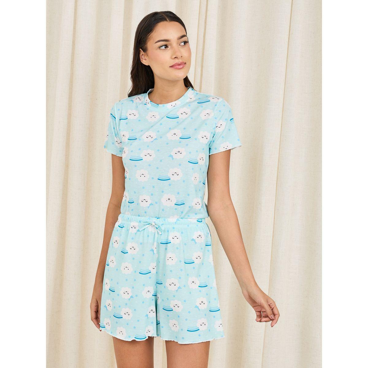 Styli Unwind Cloud Print Lettuce Trim T-shirt and Short Set-women-clothing-nightwear-pyjamas-shortsets-image-3
