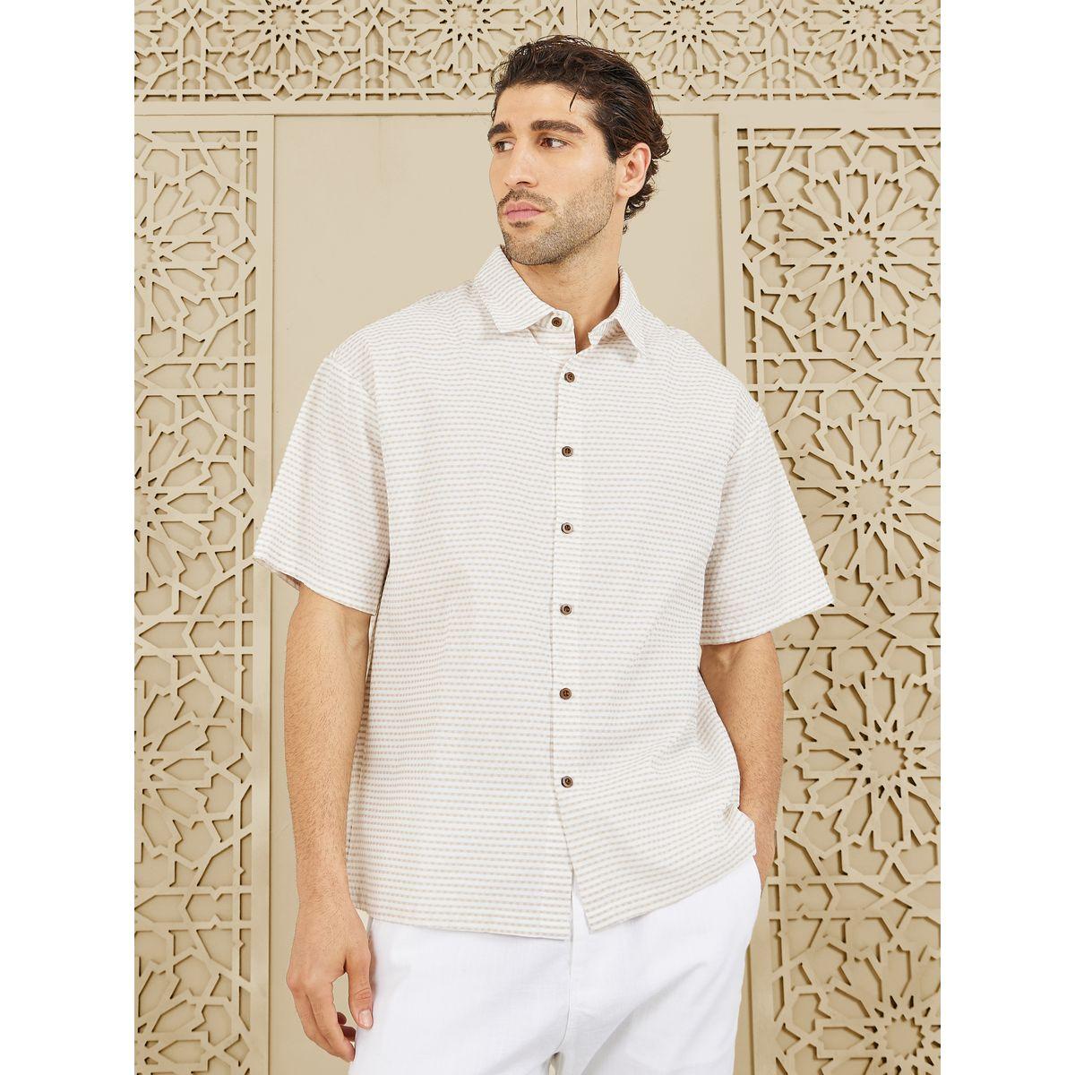 Styli Limited Striped Textured Cuban Collar Relax Fit Shirt-men-clothing-shirts-image-1