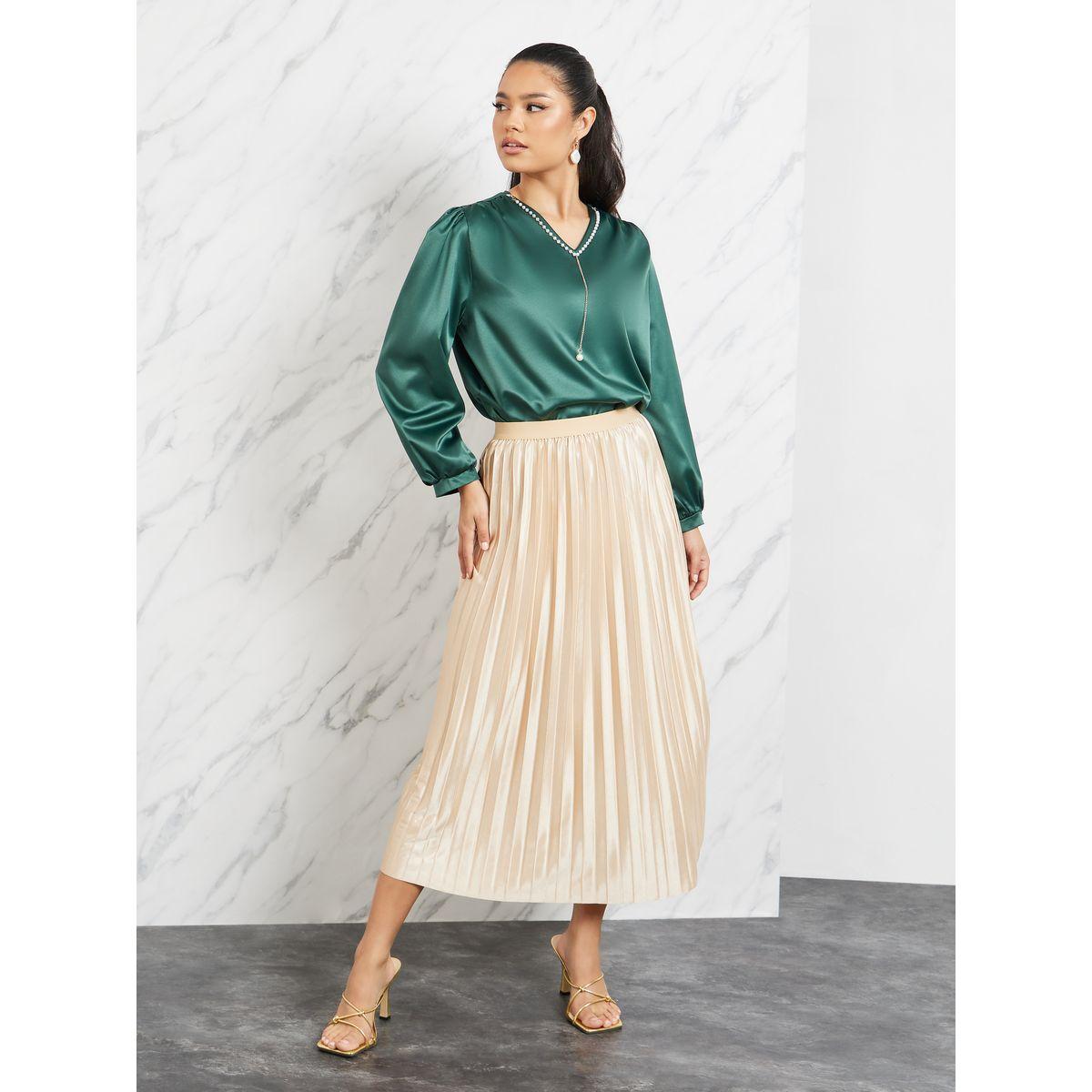 Styli Satin Elastic Waistband Pleated Midi Skirt-women-clothing-bottoms-skirts-image-2