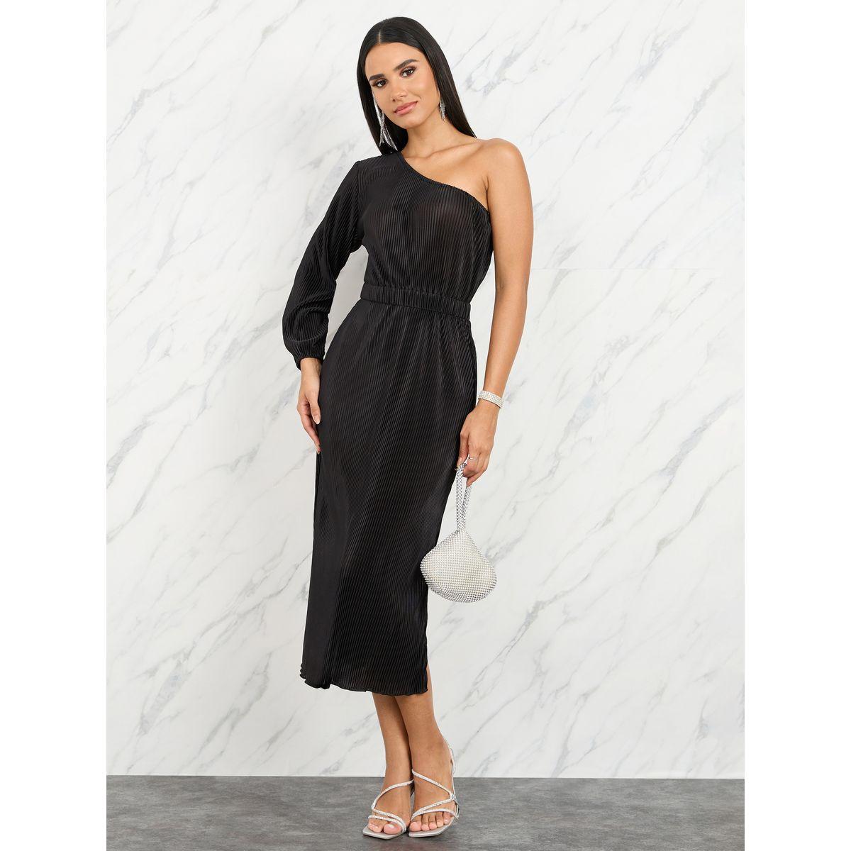 Styli Satin Pleated One Shoulder A-Line Midi Dress-women-clothing-dresses-image-1