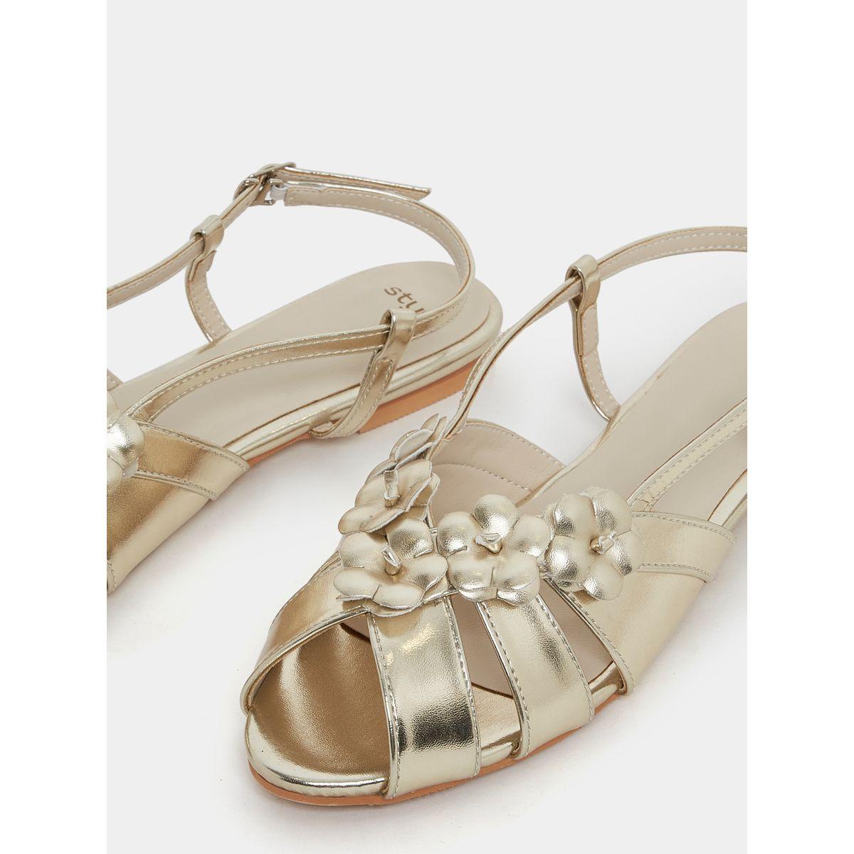 Styli Metallic Floral Applique Flat Sandals with Buckle Closure-women-shoes-heels-image-4