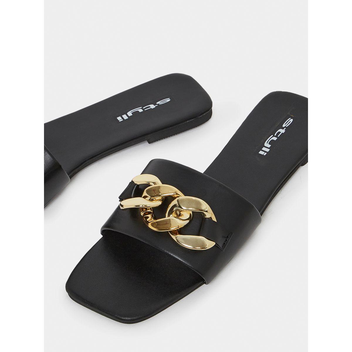 Styli Chunky Metal Chain Accent Slip On Flat Sandals-women-shoes-sandals-flats-image-4