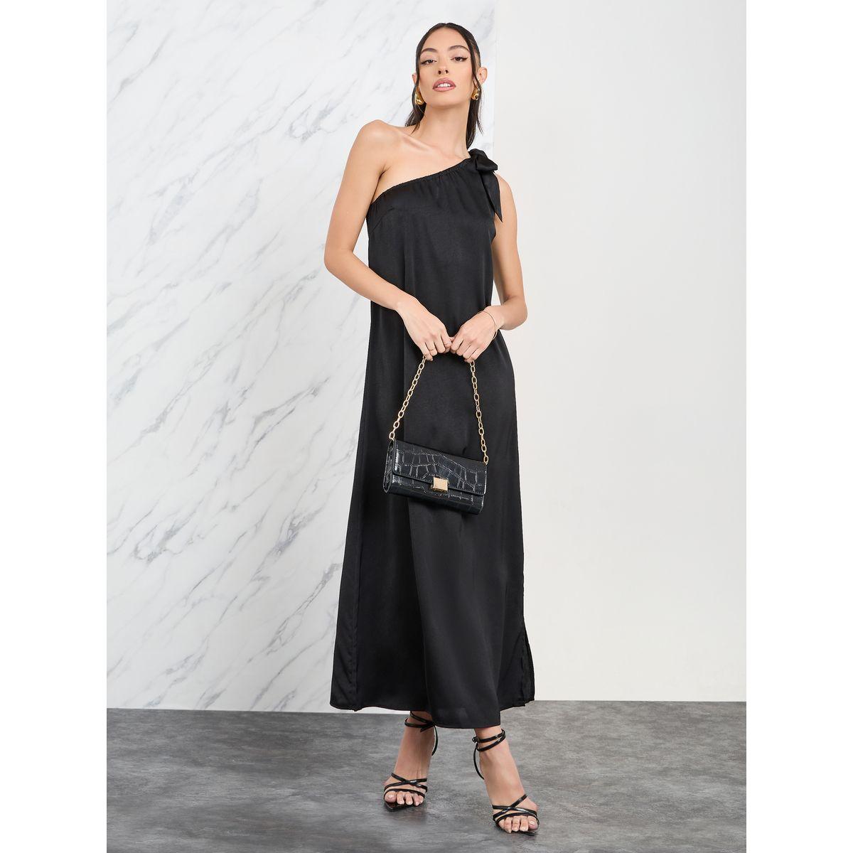 Styli Tie Up One Shoulder Sleeves Satin Maxi Dress-women-clothing-dresses-image-1