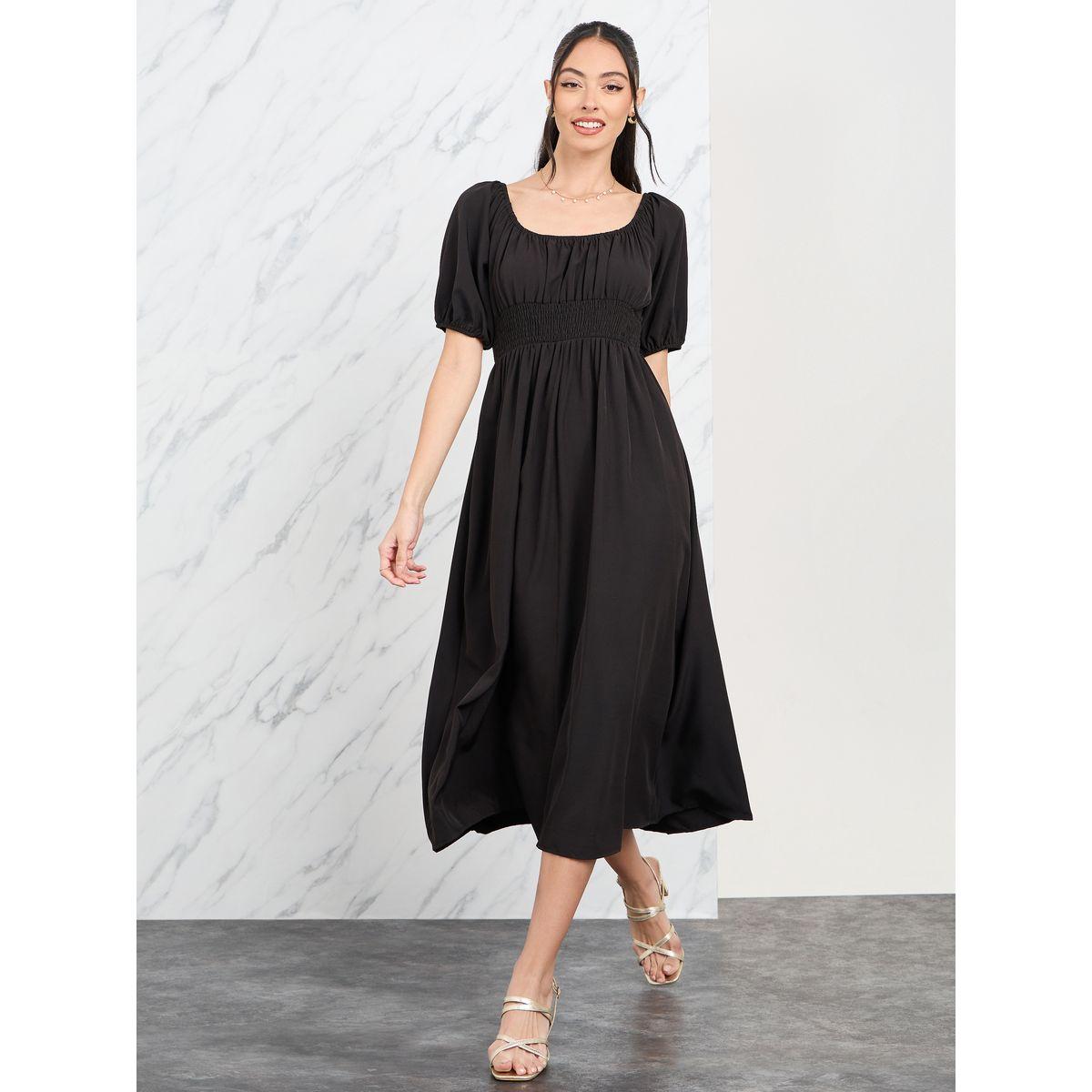 Styli Smocked Waist Puff Sleeves A-Line Midi Dress-women-clothing-dresses-image-1