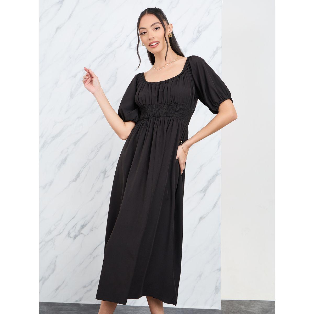 فستان ميدي بخصر مزموم واكمام منفوخة-women-clothing-dresses-image-2