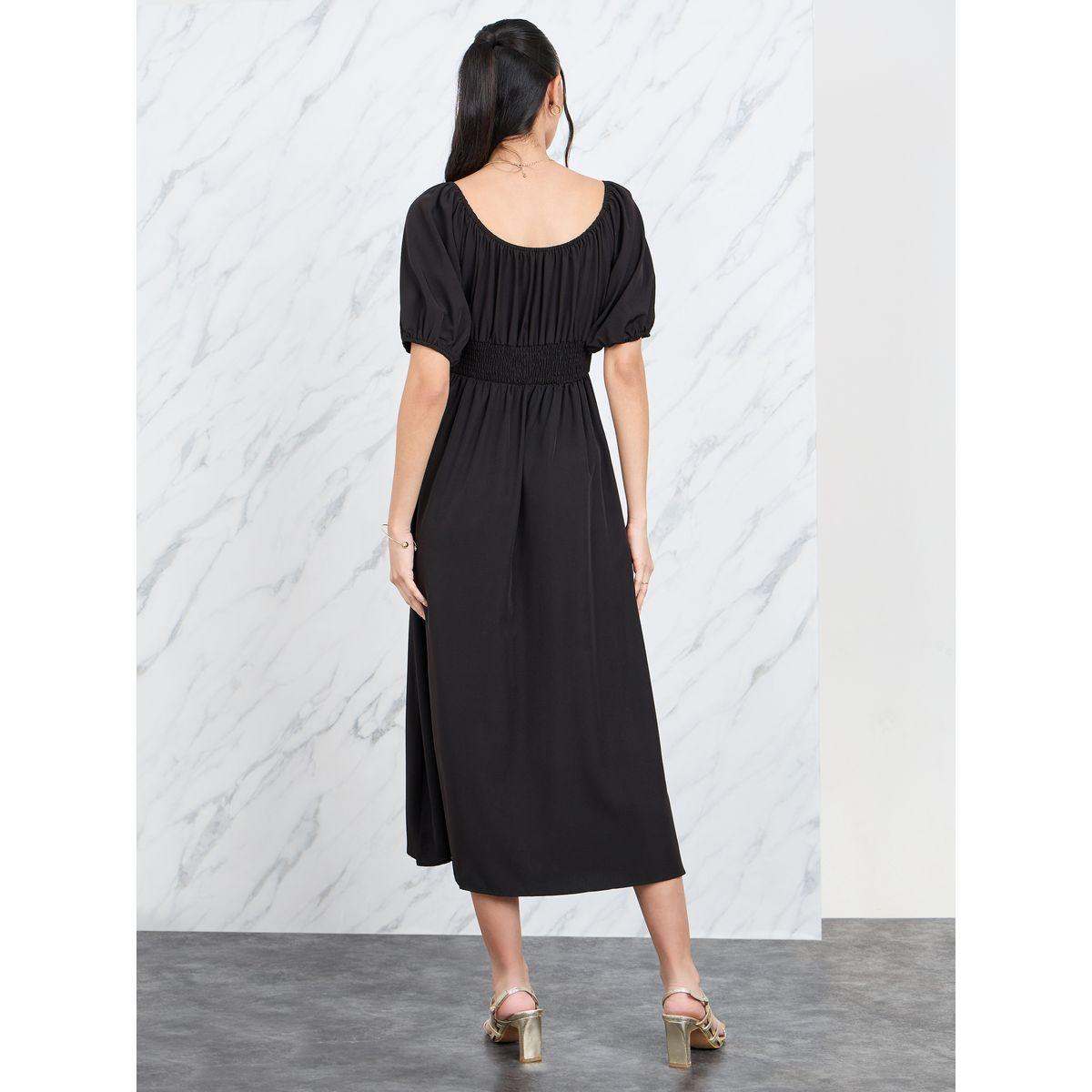 Styli Smocked Waist Puff Sleeves A-Line Midi Dress-women-clothing-dresses-image-4