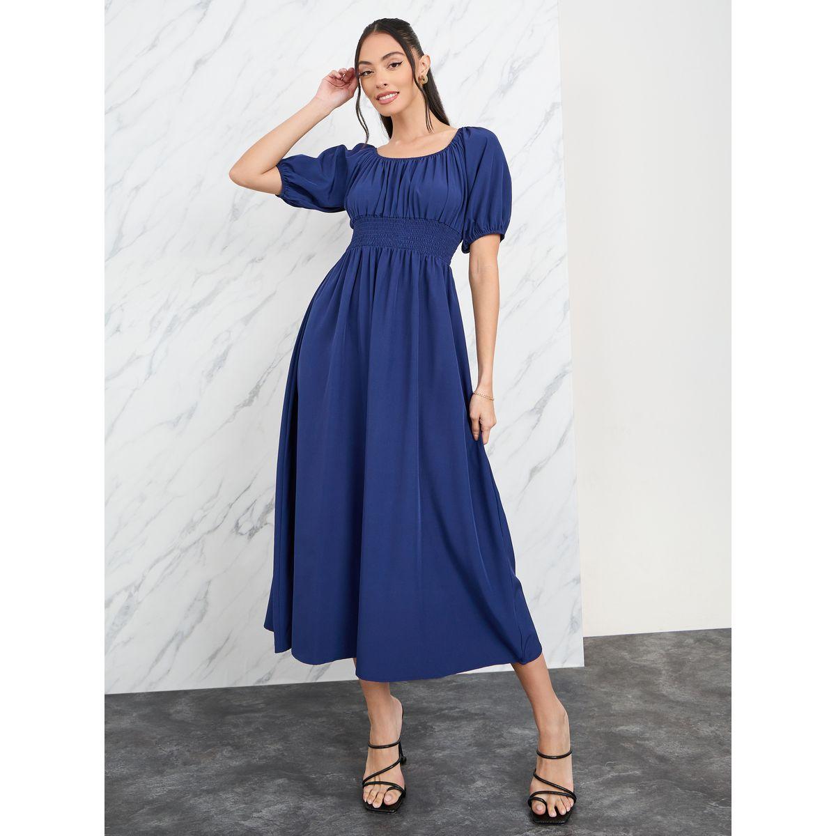 فستان ميدي بخصر مزموم واكمام منفوخة-women-clothing-dresses-image-1