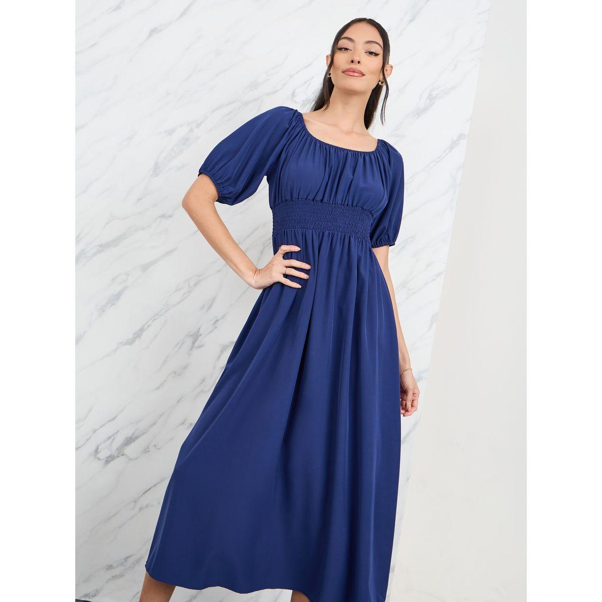 فستان ميدي بخصر مزموم واكمام منفوخة-women-clothing-dresses-image-2