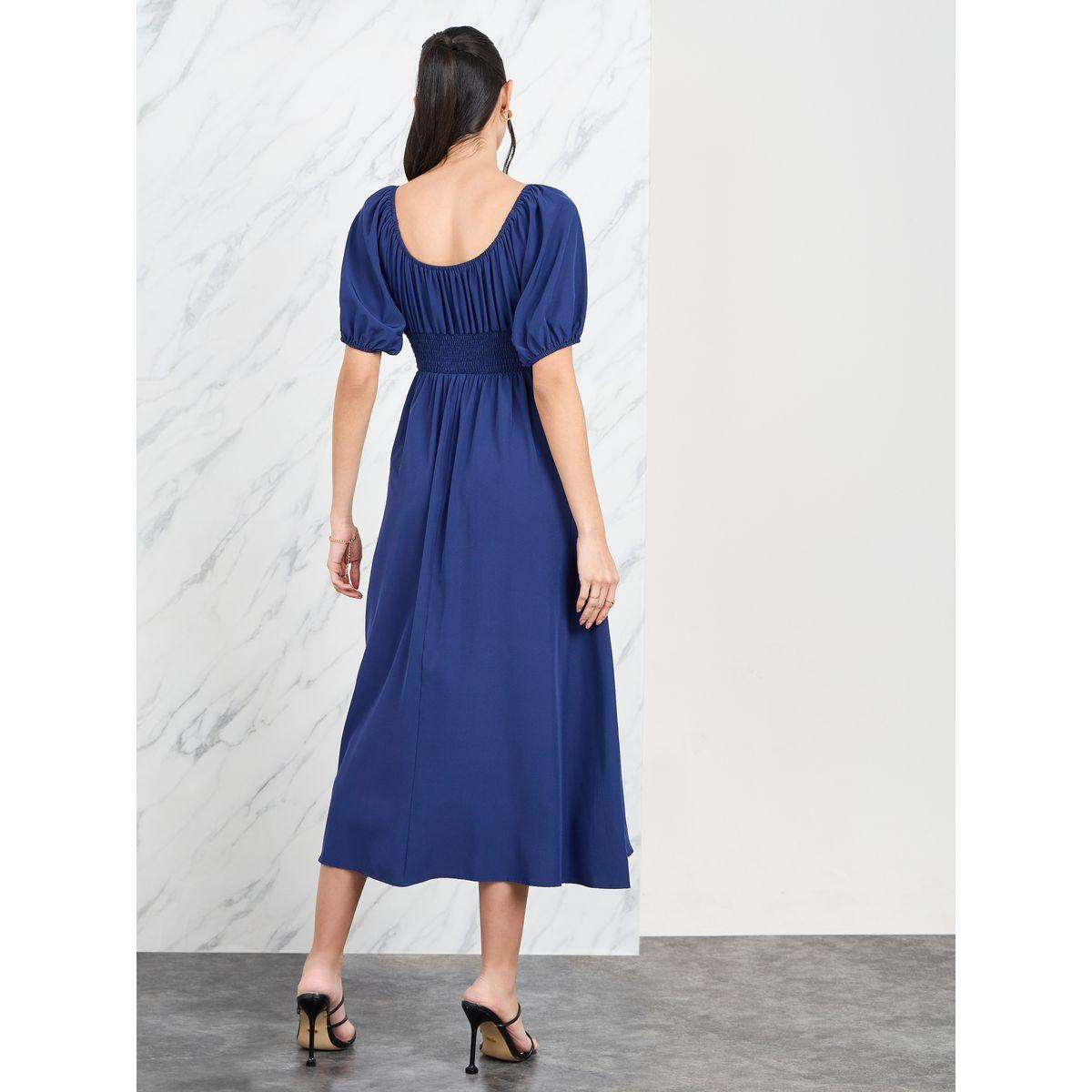 فستان ميدي بخصر مزموم واكمام منفوخة-women-clothing-dresses-image-4