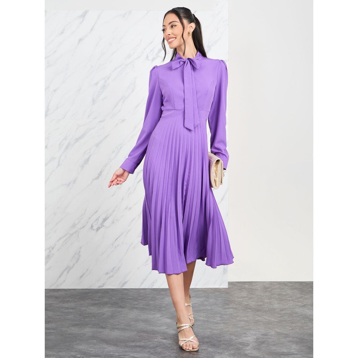 Styli Accordion Pleated Tie Up Neck Midi Dress-women-clothing-dresses-image-1