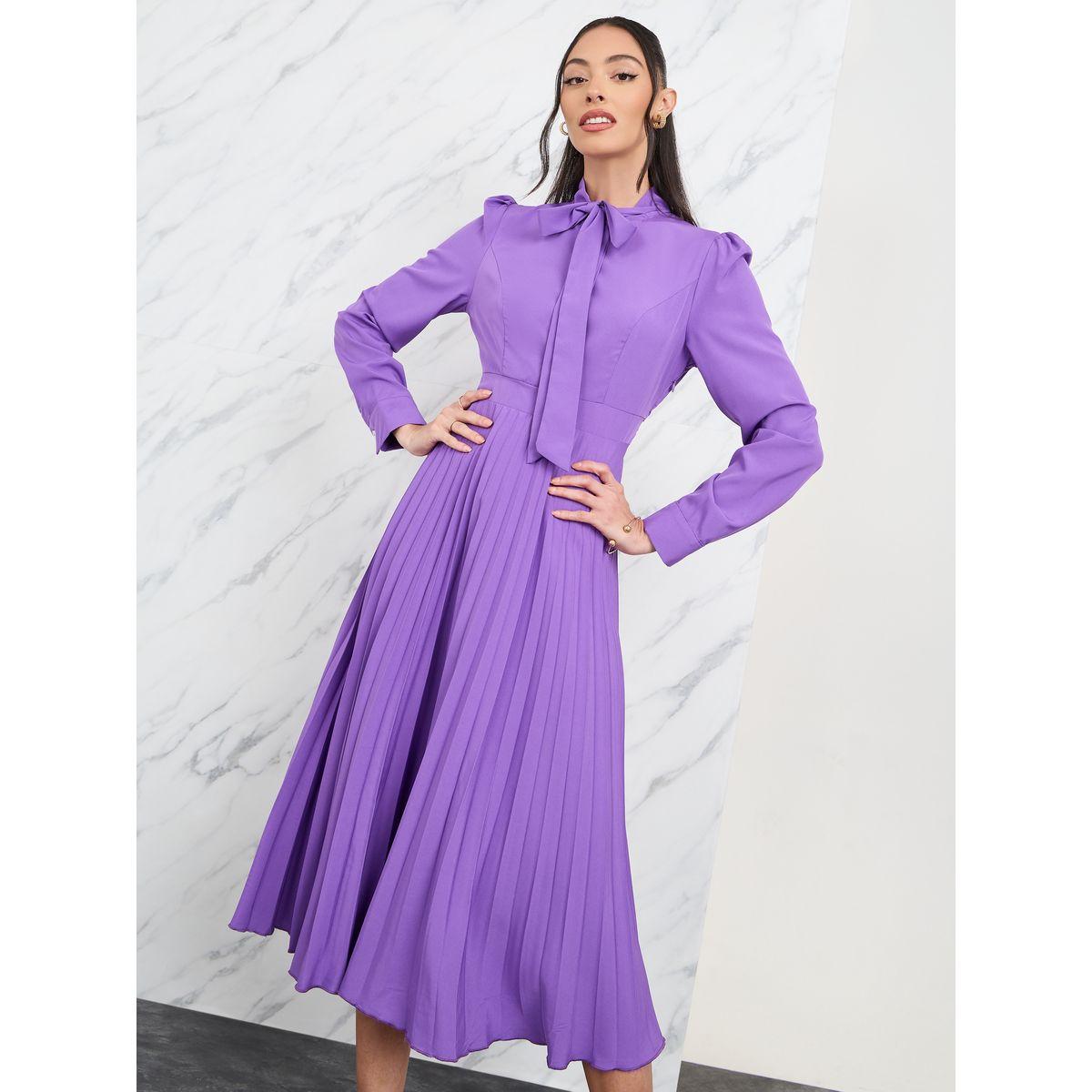Styli Accordion Pleated Tie Up Neck Midi Dress-women-clothing-dresses-image-2