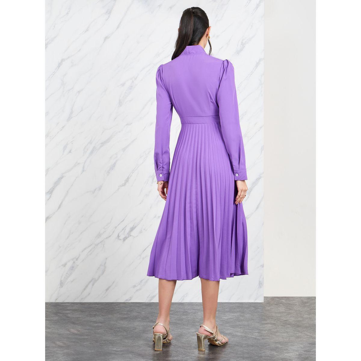 فستان ميدي مزين بكسرات مع ياقة بأربطة-women-clothing-dresses-image-4