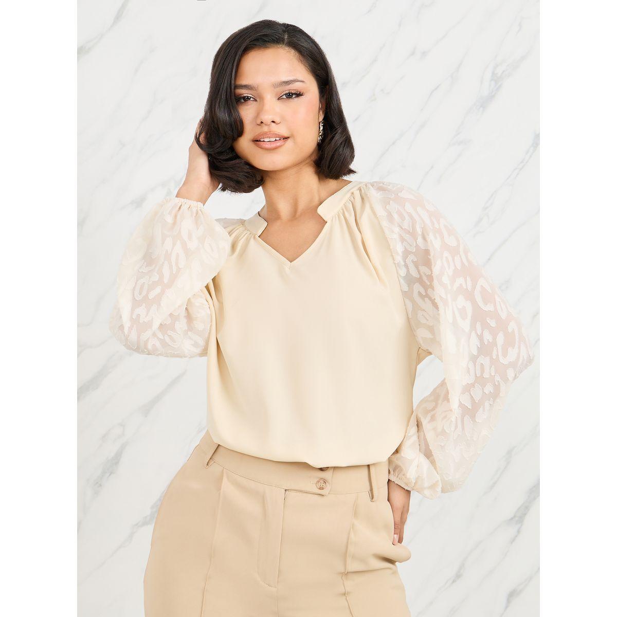 Styli Floral Contrast Lantern Sleeve Blouse-women-clothing-shirtsandblouses-blouses-image-1