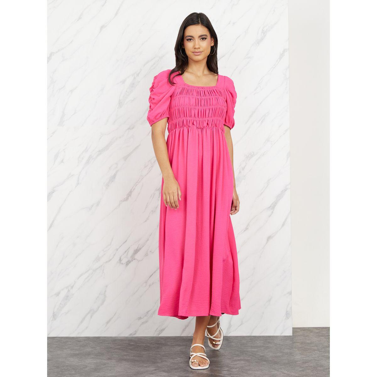 فستان طويل بكسرات واكمام منفوخة-women-clothing-dresses-image-1