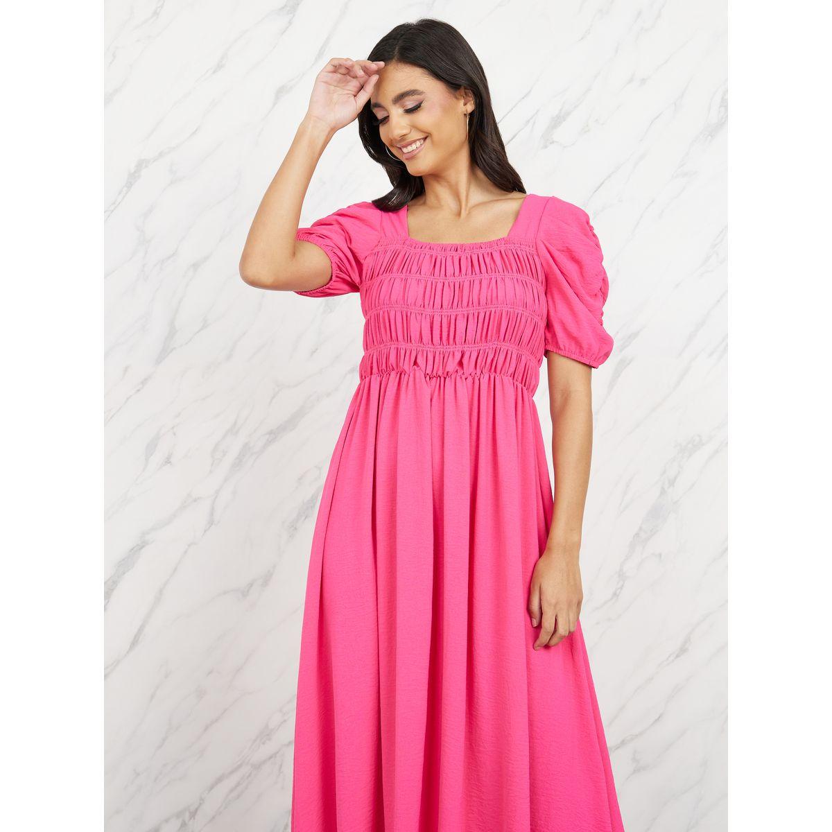 فستان طويل بكسرات واكمام منفوخة-women-clothing-dresses-image-2