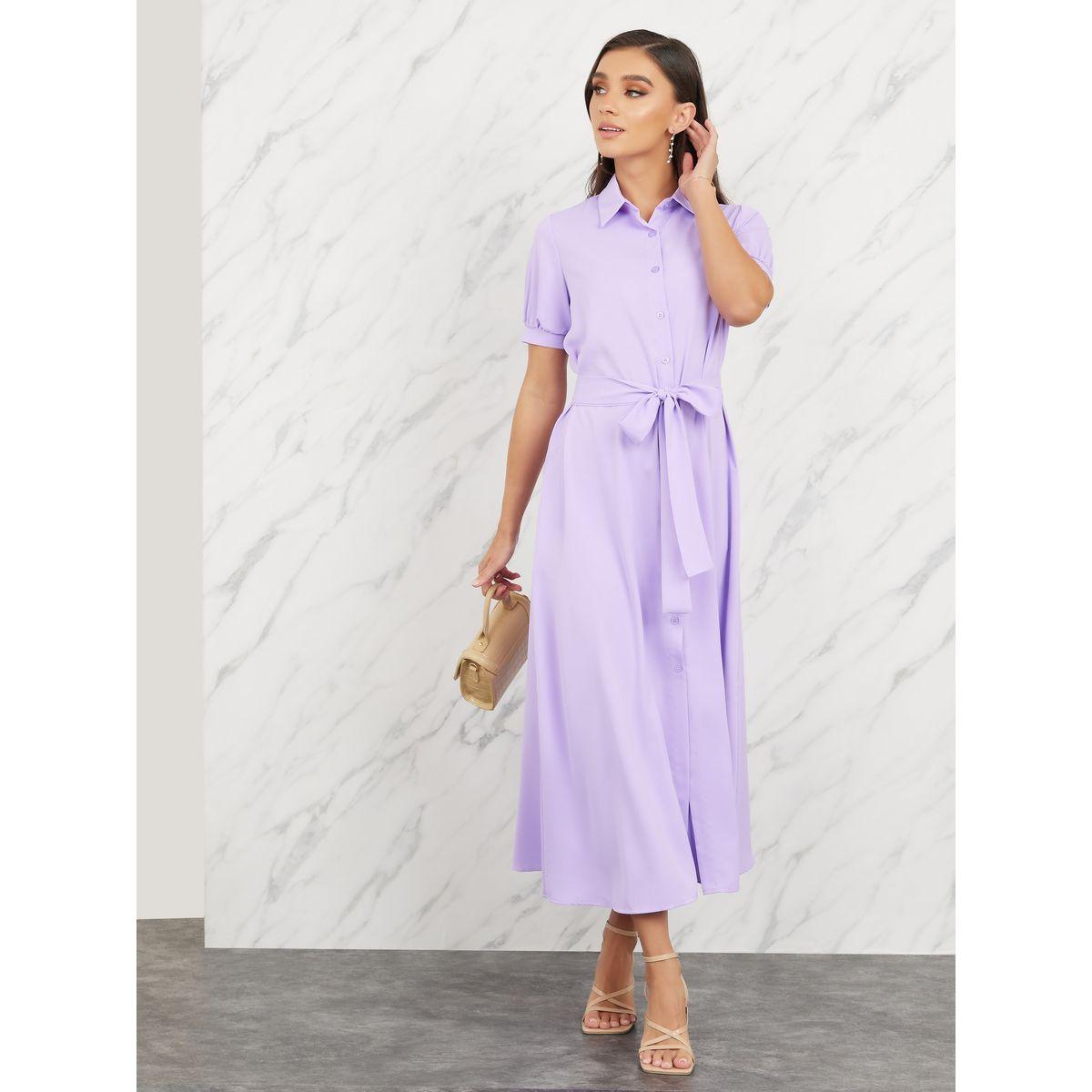 Styli Puff Sleeves Self Tie Up Shirt Maxi Dress-women-clothing-dresses-image-1