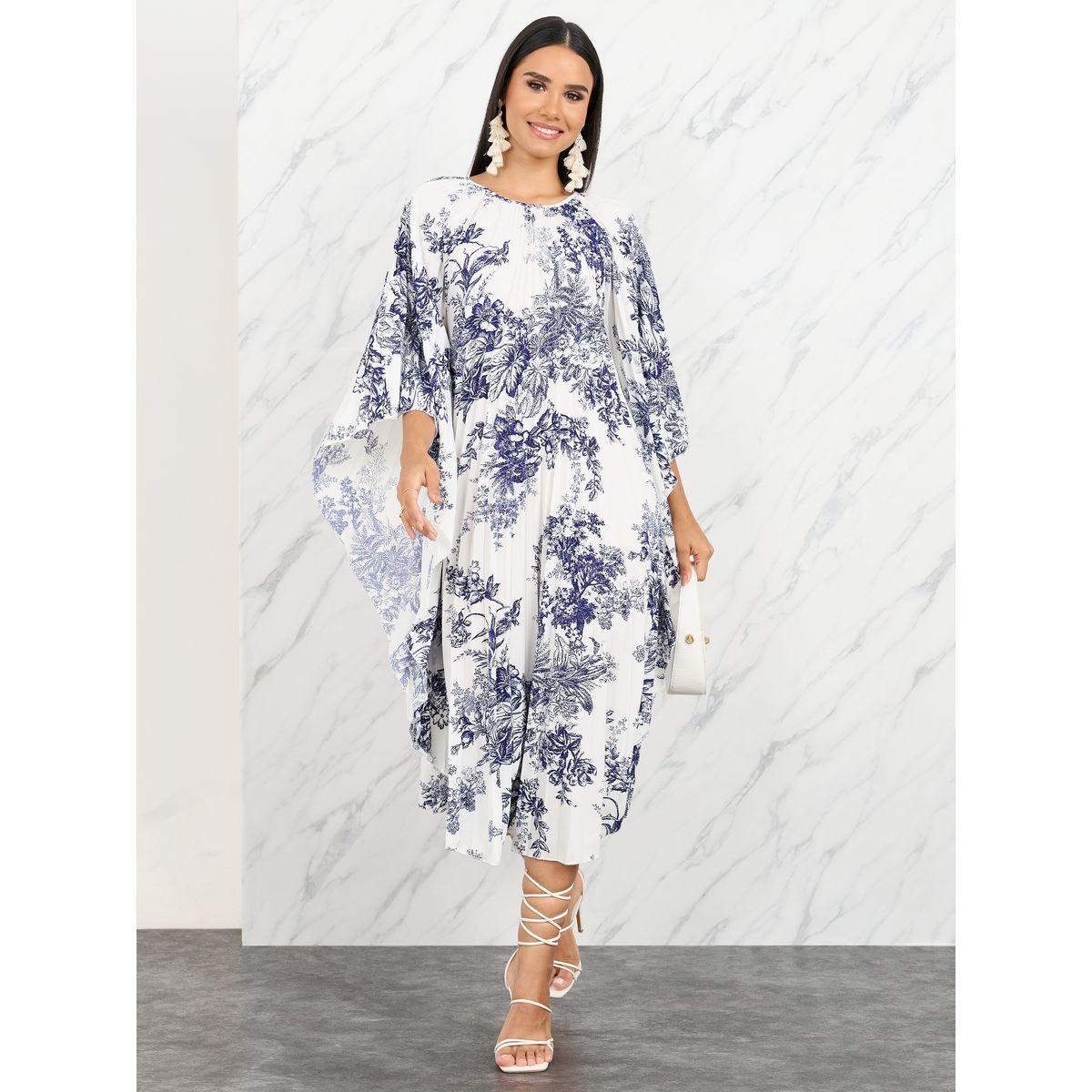 فستان ميدي بطبعة زهور واكمام وطواطية-women-clothing-dresses-image-1