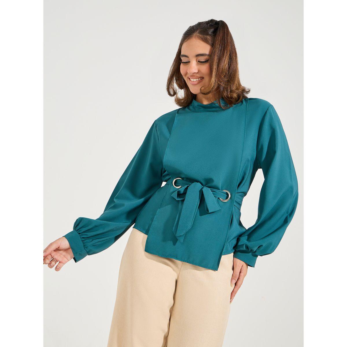 بلوزة بياقة عالية مع اربطة امامية-women-clothing-shirtsandblouses-blouses-image-1