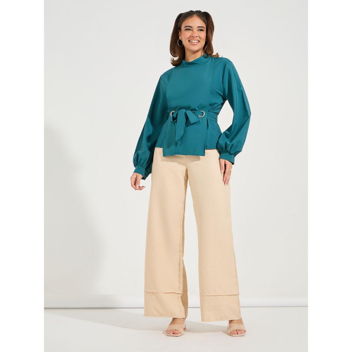 بلوزة بياقة عالية مع اربطة امامية-women-clothing-shirtsandblouses-blouses-image-2