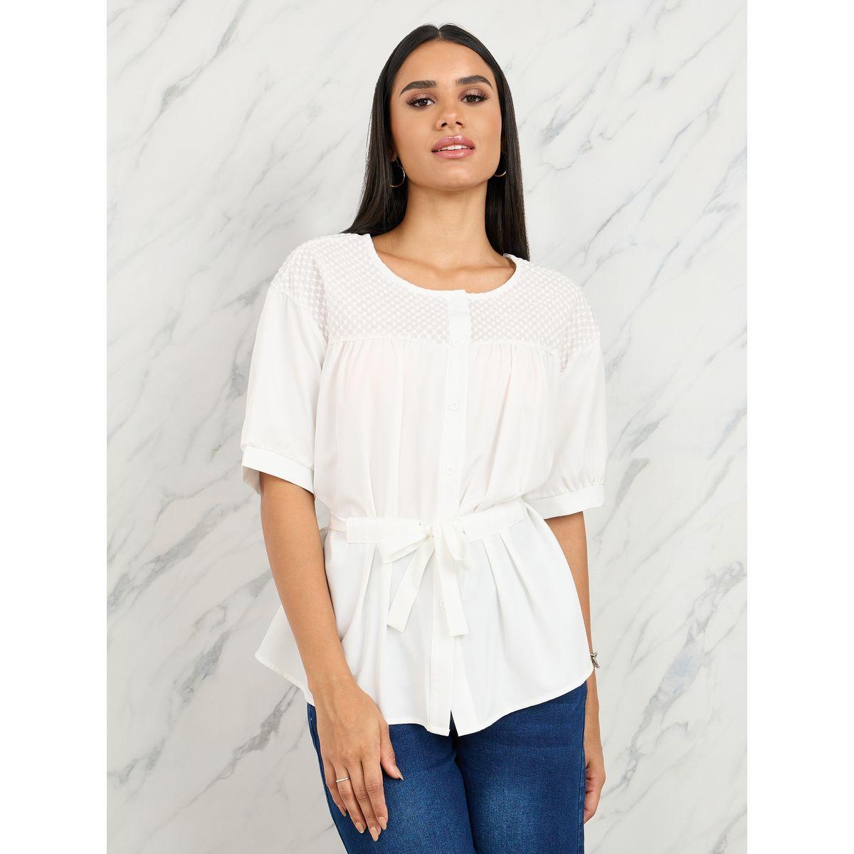 بلوزة باكمام قصيرة وتفاصيل نقاط مُحاكة-women-clothing-shirtsandblouses-blouses-image-1