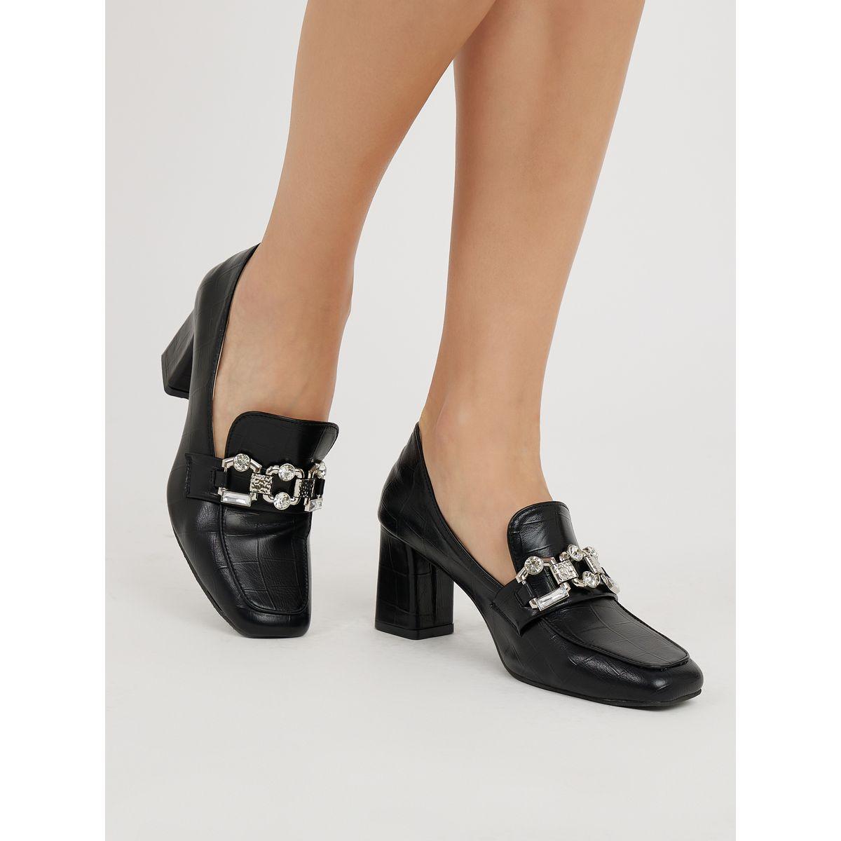 Styli Metal Chain Accent Slip On Block Heel Sandals-women-shoes-heels-image-1