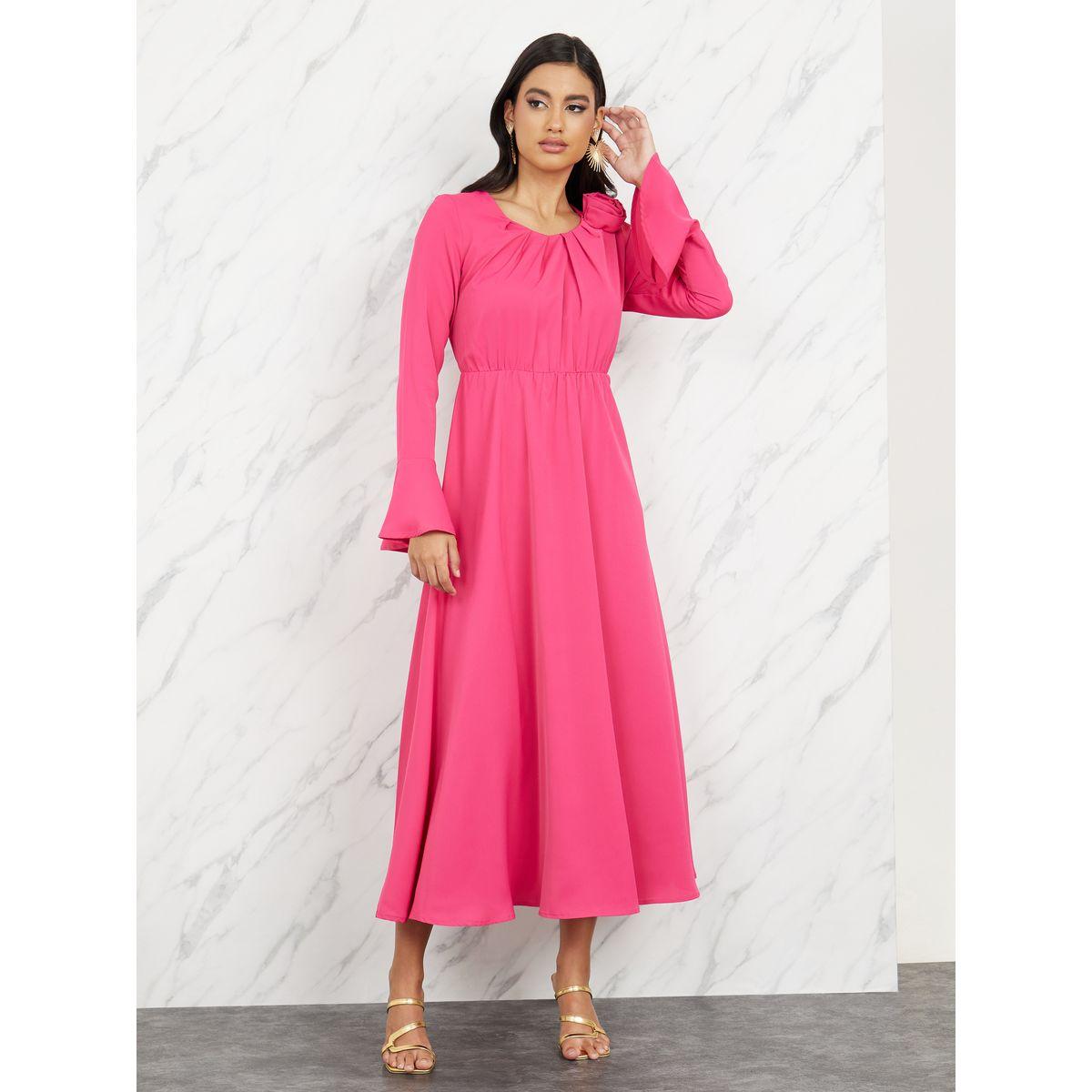 Styli Pleated Floral Corsage Detail A-Line Maxi Dress-women-clothing-dresses-image-1
