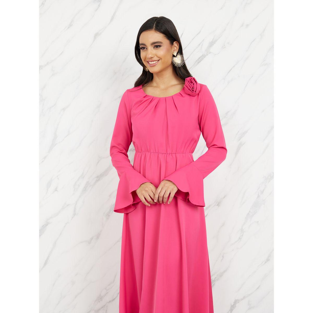 فستان طويل بكسرات مع زهرة كورساج-women-clothing-dresses-image-2