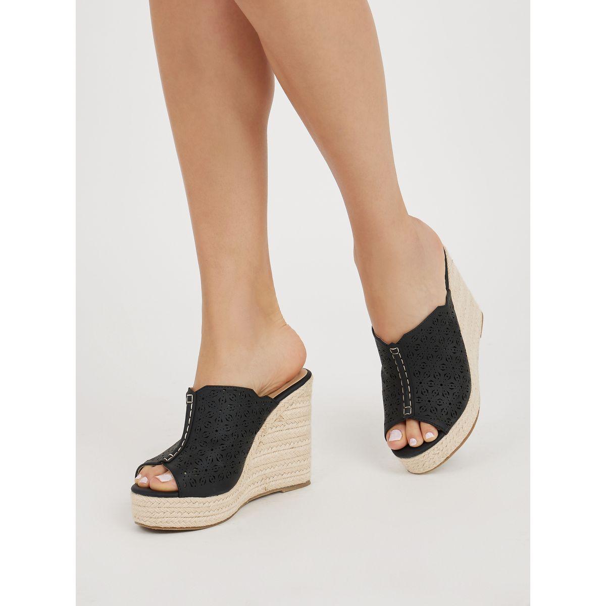 Styli Floral Cutout Slip On Wedge Heel Sandals-women-shoes-heels-image-1