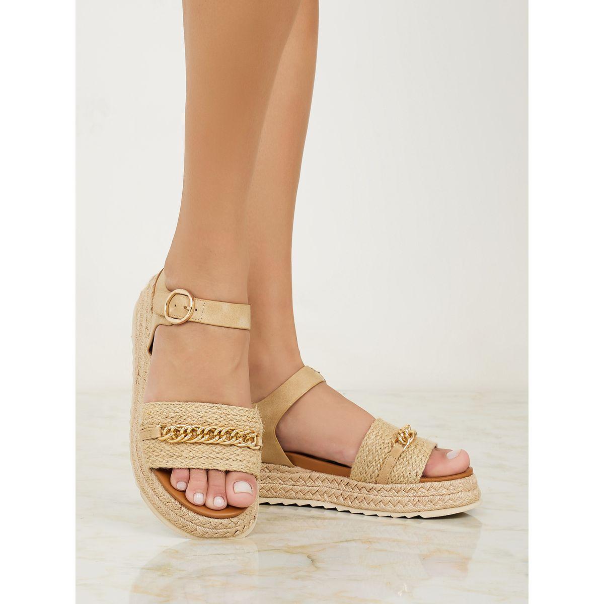 Styli Metal Chain Accent Flat Sandals with Buckle Closure-women-shoes-sandals-flats-image-1