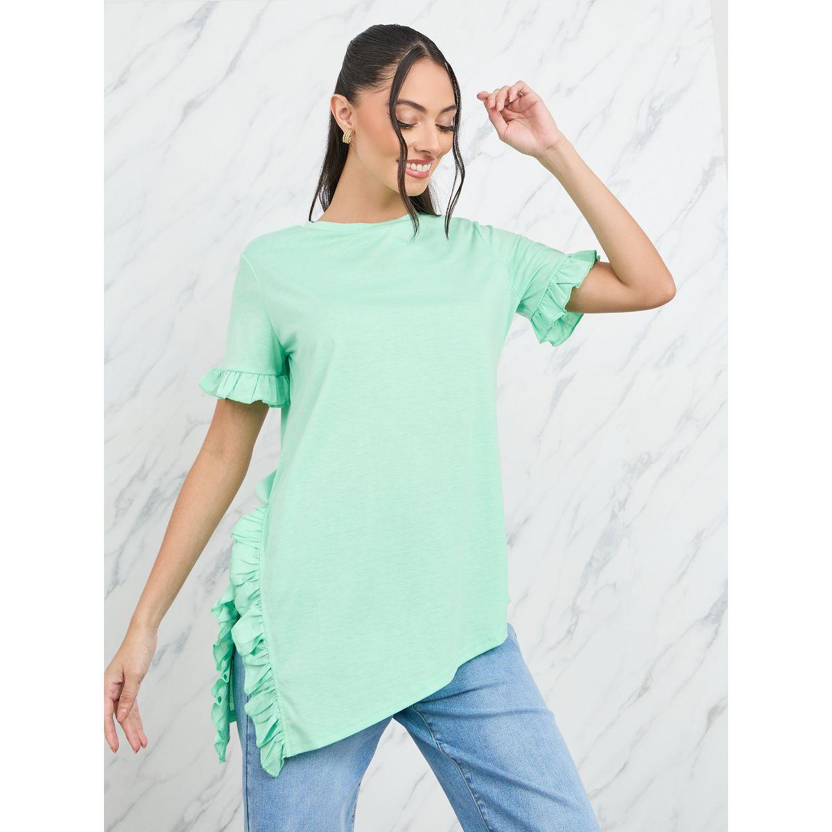 Styli Side Ruffle Asymmetric Hem Oversized Solid T-Shirt-women-clothing-tshirts-image-1