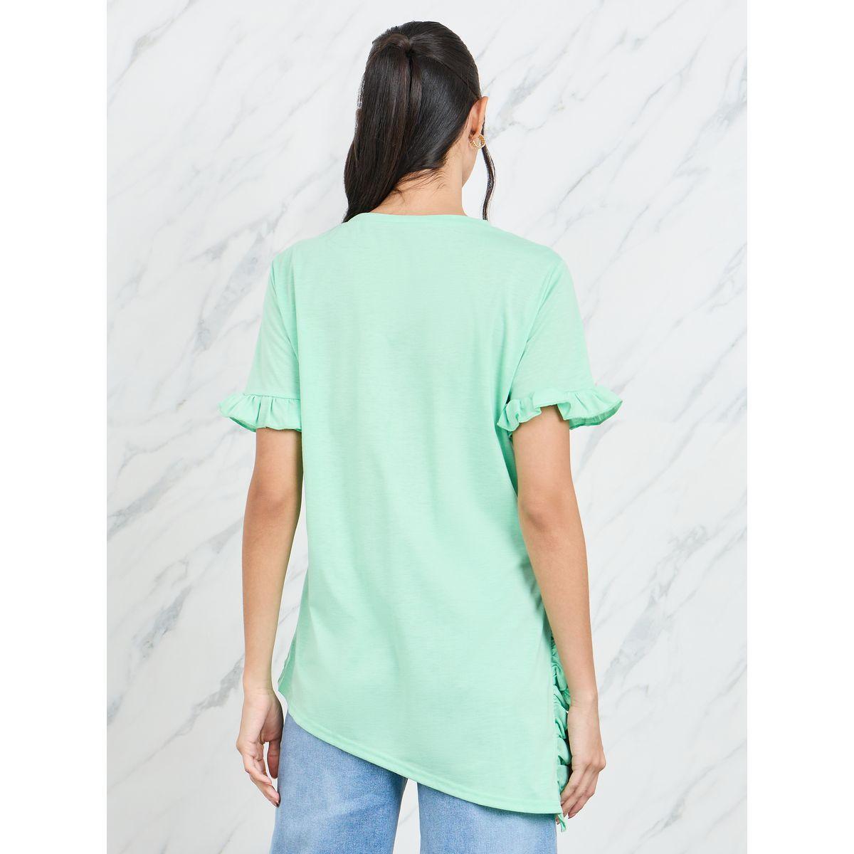 Styli Side Ruffle Asymmetric Hem Oversized Solid T-Shirt-women-clothing-tshirts-image-4
