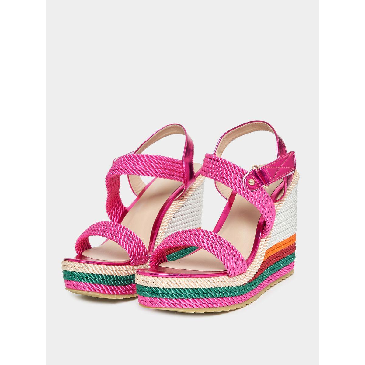 Styli Robe Texture Ankle Strap Wedge Heel Sandals-women-shoes-heels-image-2