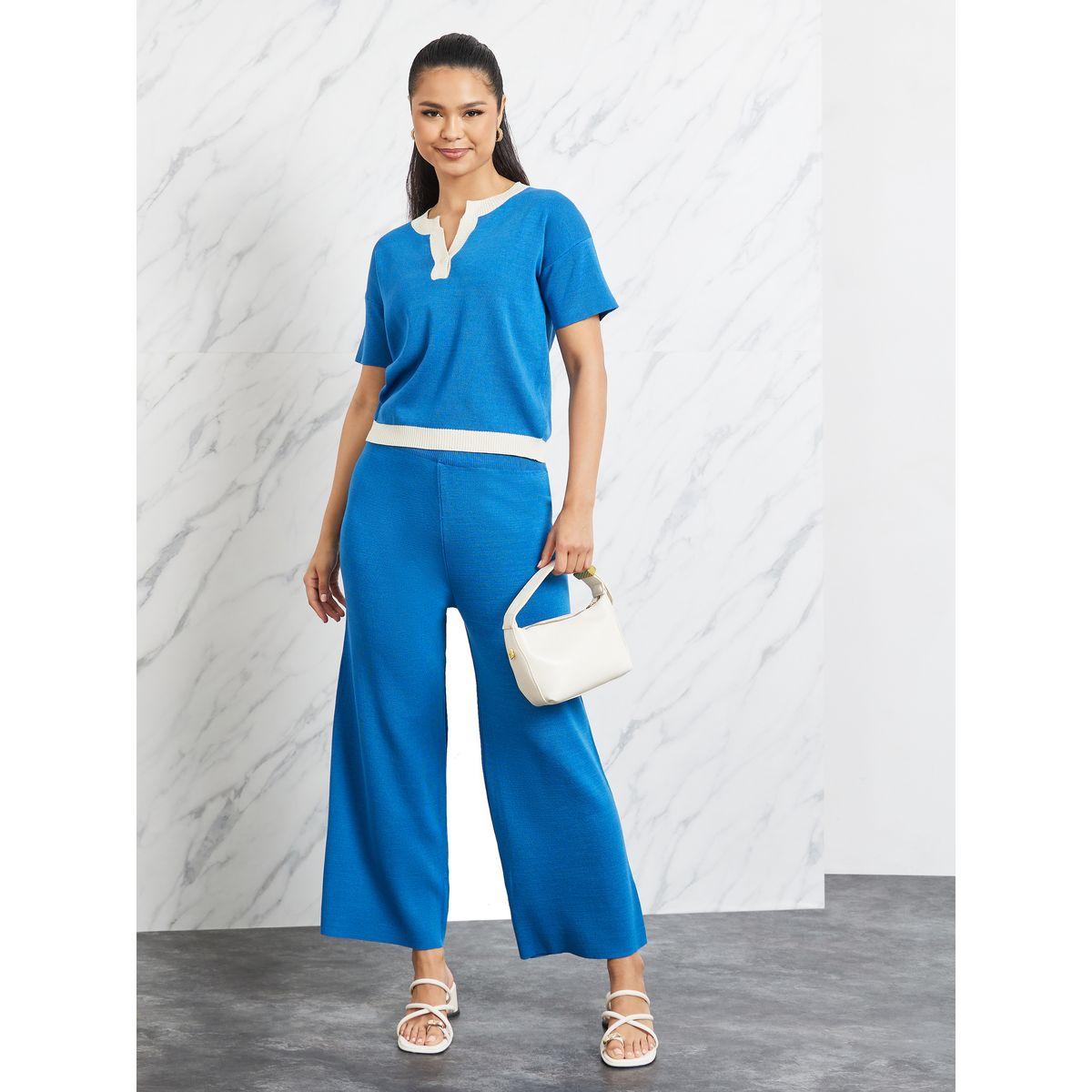 Styli Color Contrast Knit Top & Straight Leg Pants Co-Ord-women-clothing-coordsets-image-1