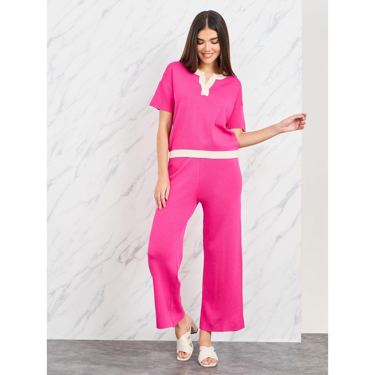 Styli Contrast Trim Knit Top & Straight Leg Pant Set-women-clothing-coordsets-image-1