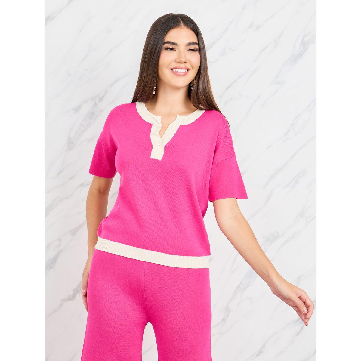 Styli Contrast Trim Knit Top & Straight Leg Pant Set-women-clothing-coordsets-image-2