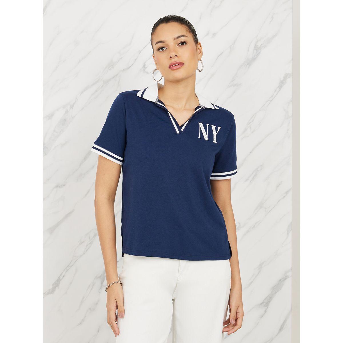 Styli Rhinestone Detail NY Print Contrast Trim Polo T-shirt-women-clothing-tshirts-image-1