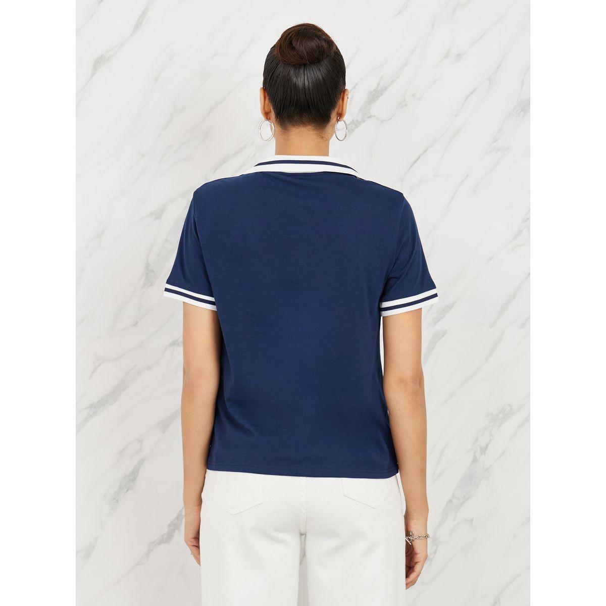 Styli Rhinestone Detail NY Print Contrast Trim Polo T-shirt-women-clothing-tshirts-image-4