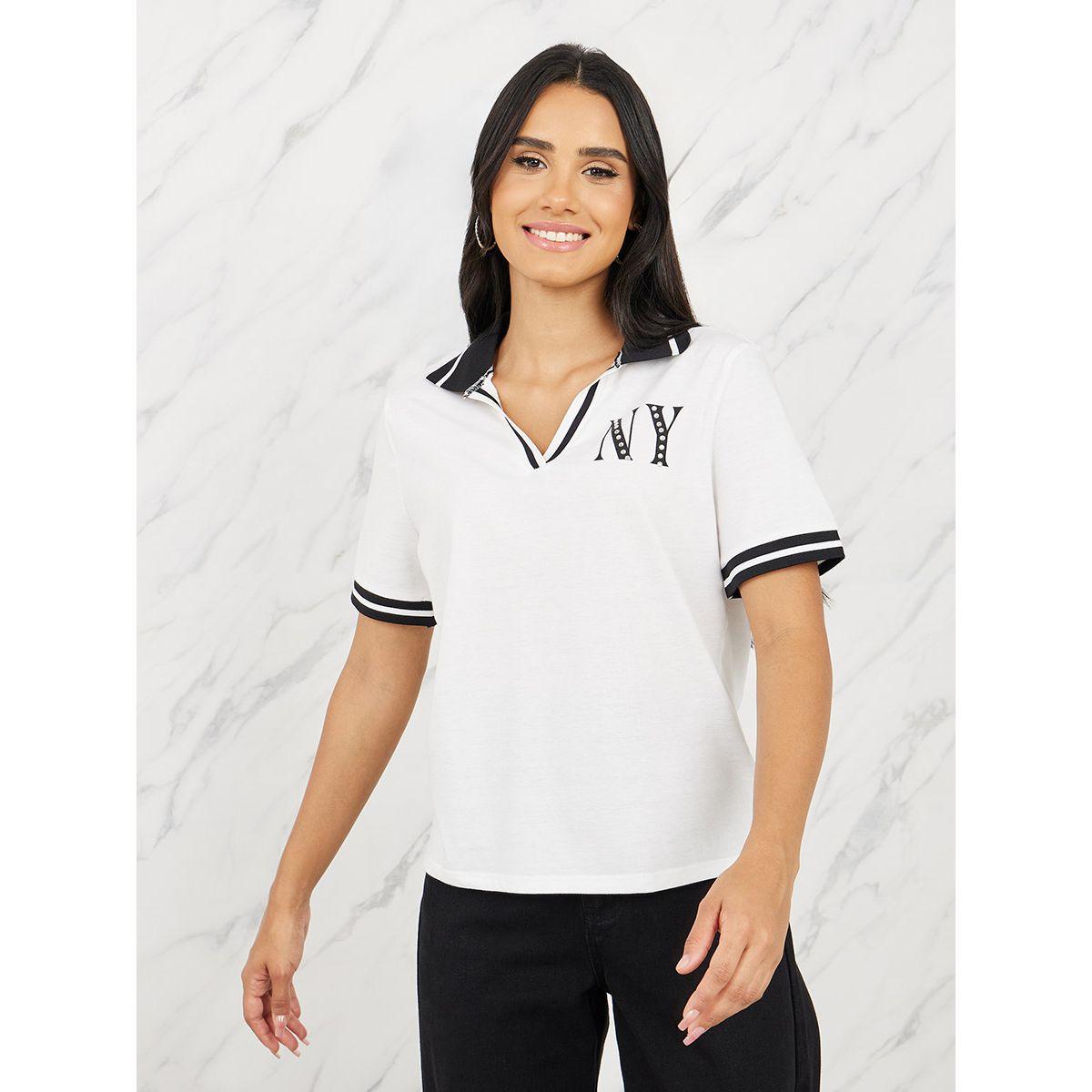 Styli Rhinestone Detail NY Print Contrast Trim Polo T-shirt-women-clothing-tshirts-image-1