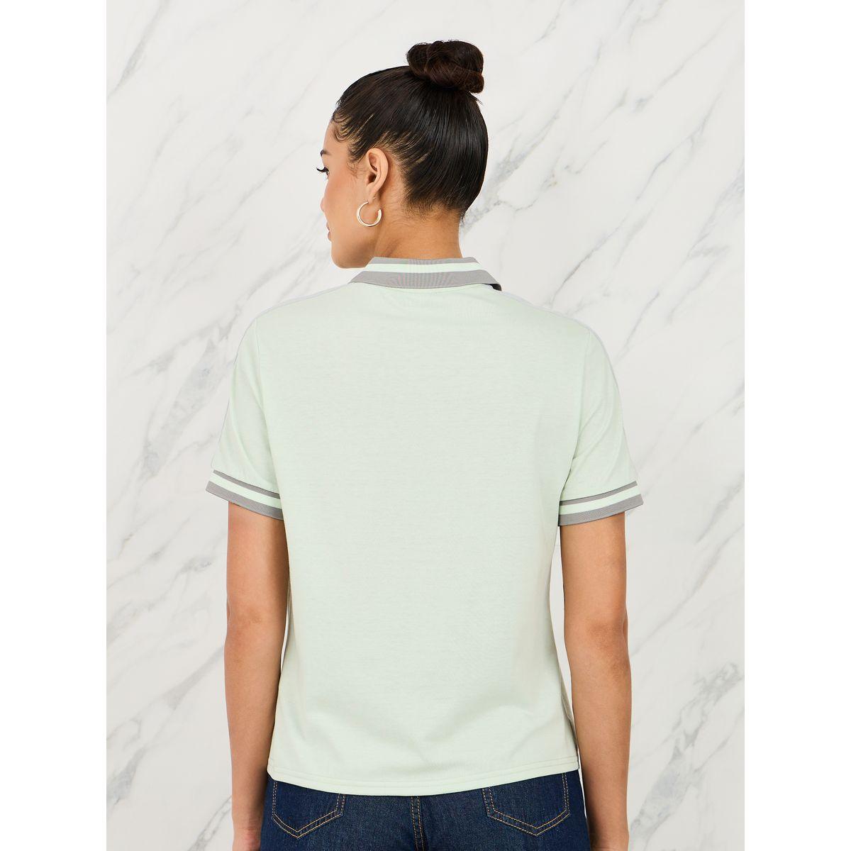 Styli California Print Contrast Ribbed Collar Sleeves Trim Polo T-shirt-women-clothing-tshirts-image-5