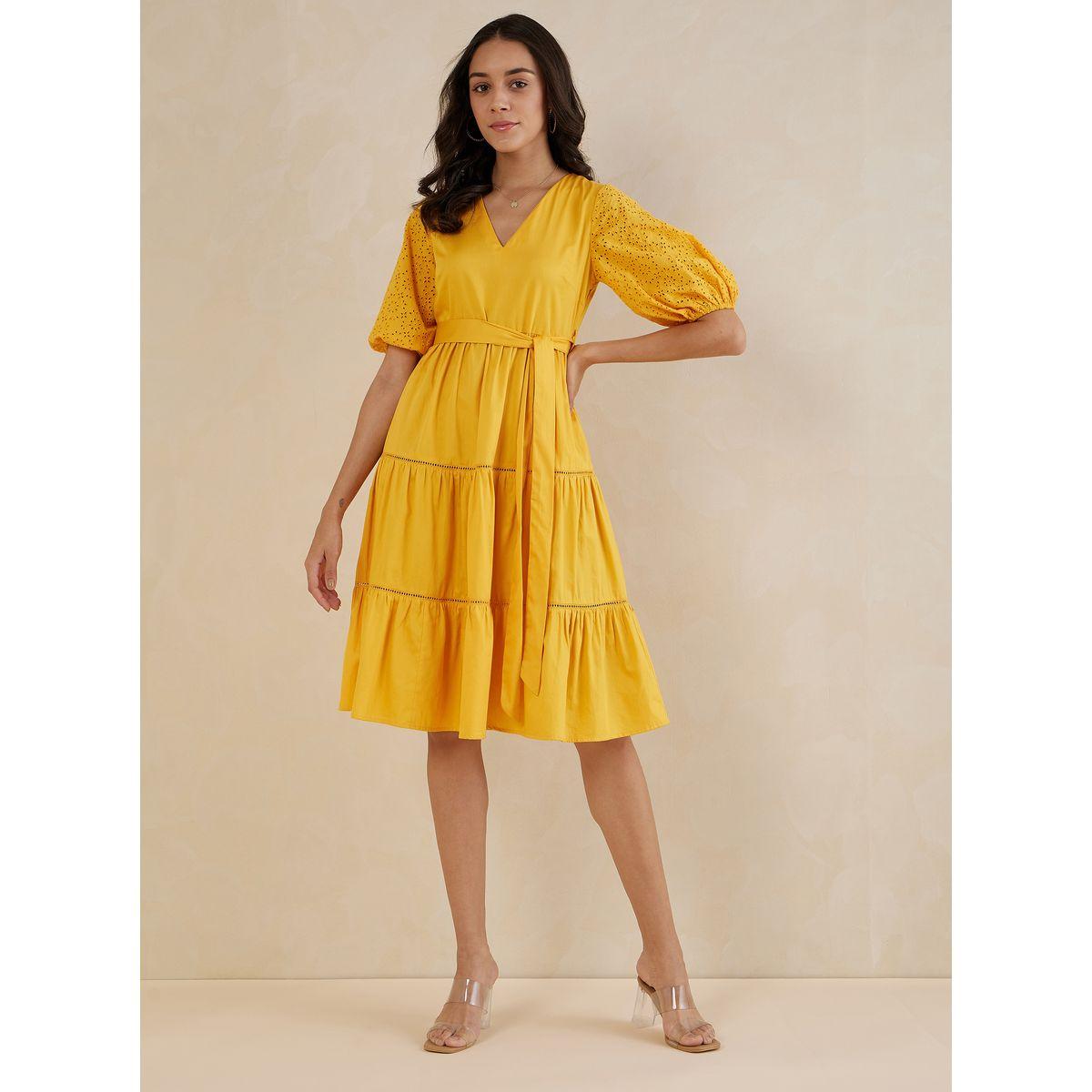Femmella X Styli  Schiffli Sleeves Cotton Belted Tiered Midi Dress-women-clothing-dresses-image-1