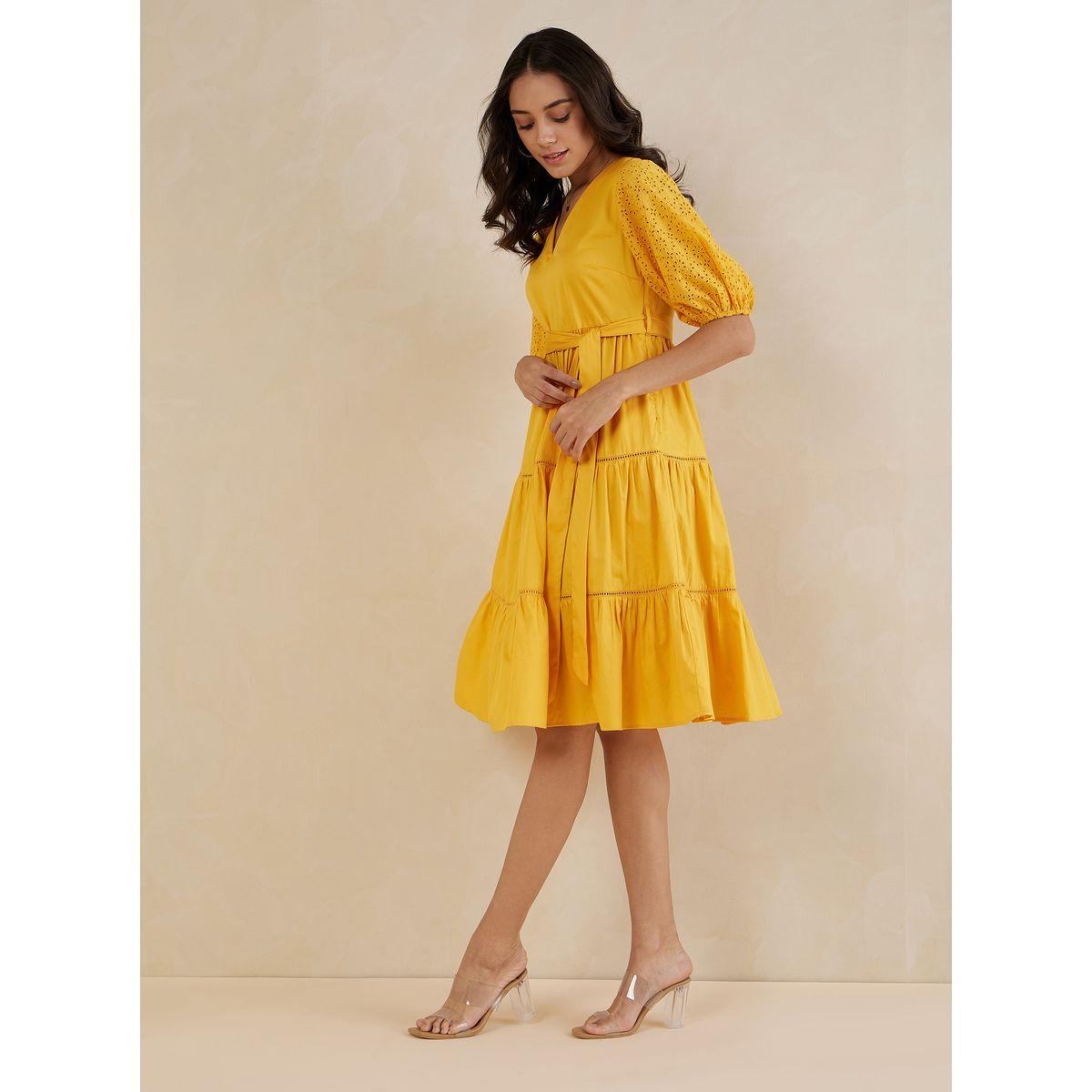 Femmella X Styli  Schiffli Sleeves Cotton Belted Tiered Midi Dress-women-clothing-dresses-image-2