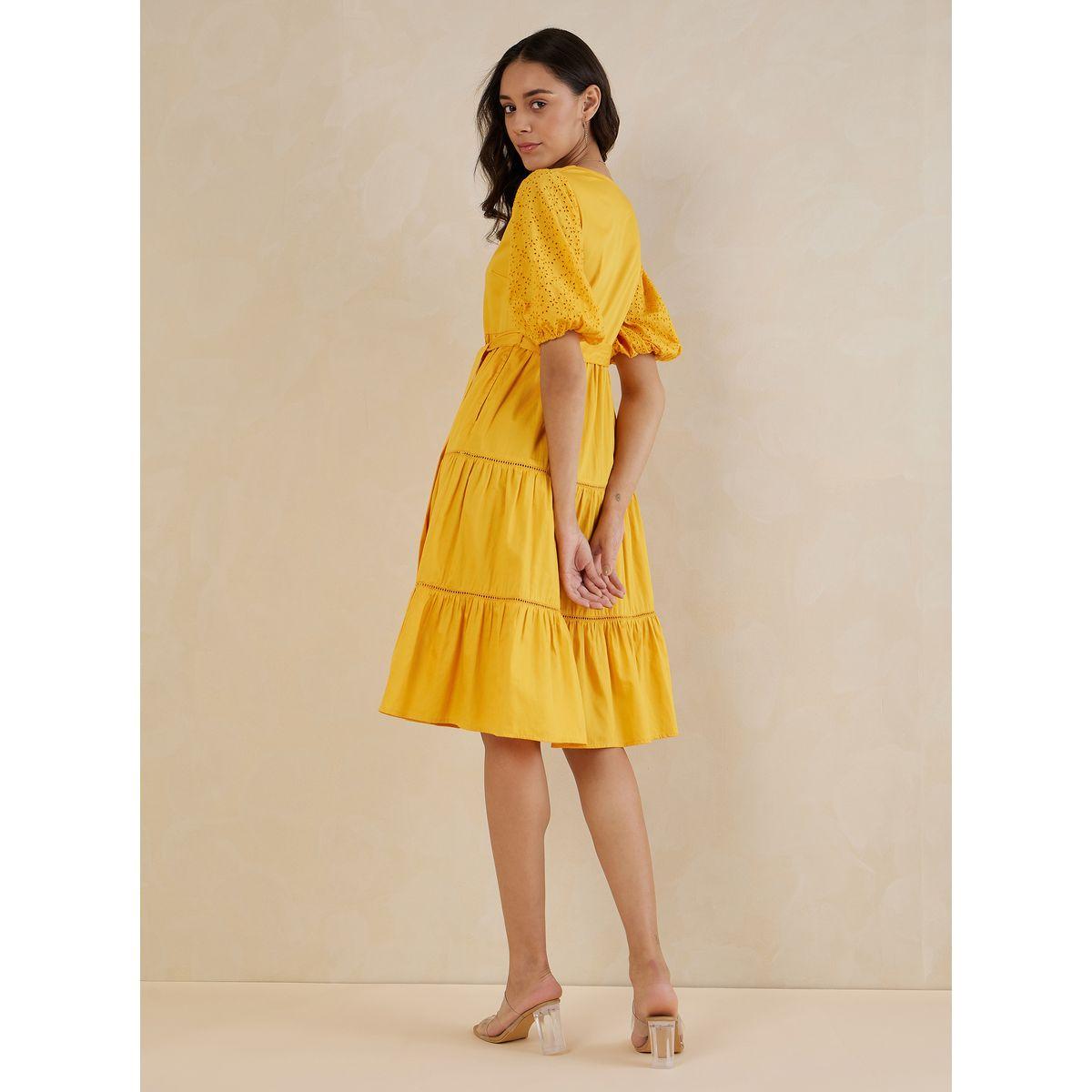 Femmella X Styli  Schiffli Sleeves Cotton Belted Tiered Midi Dress-women-clothing-dresses-image-3
